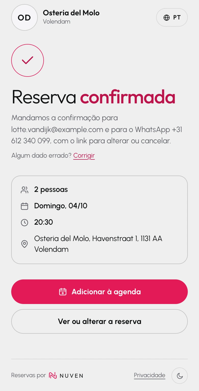 Reserva confirmada no celular, com o botão para adicionar à agenda