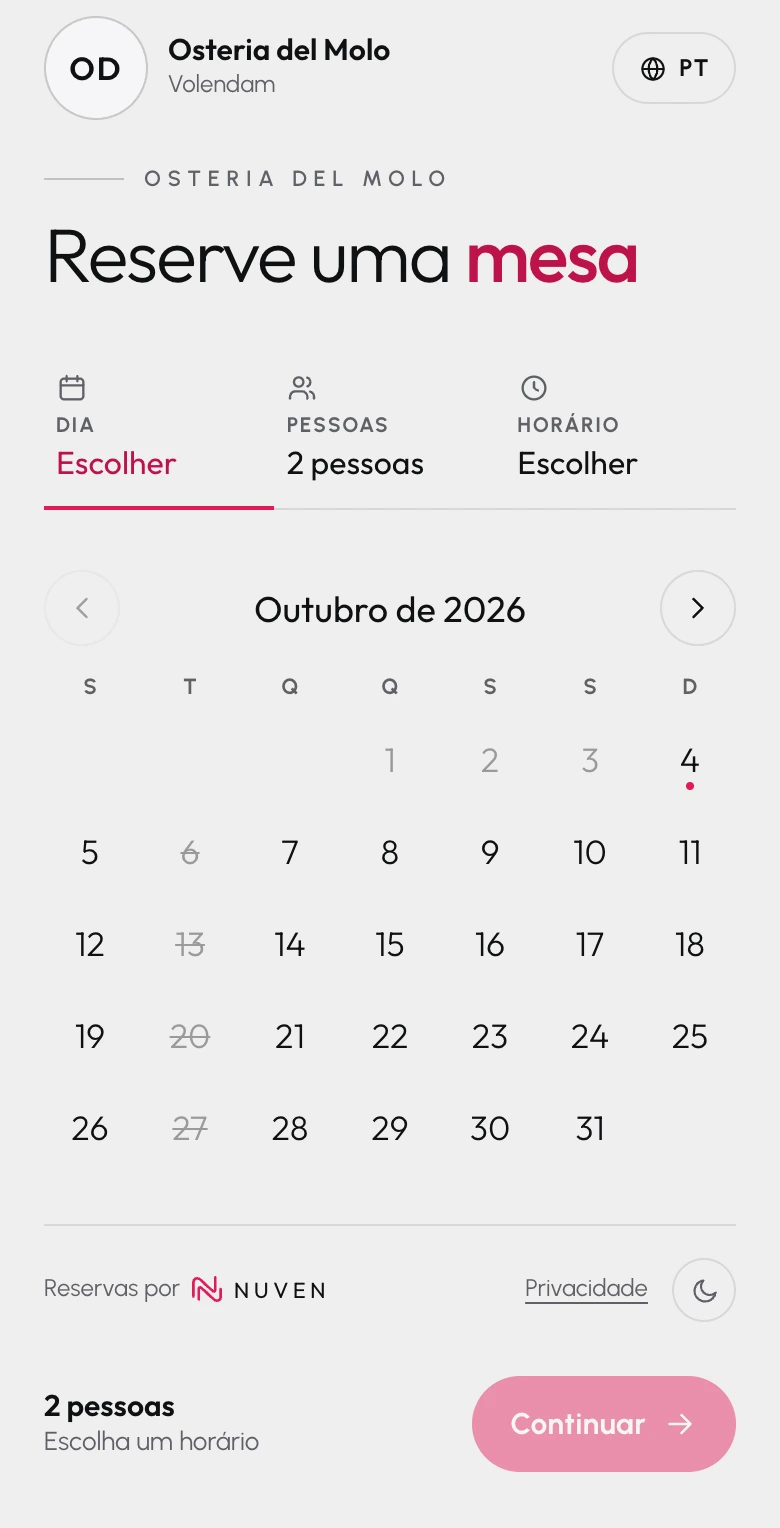 Página de reserva no celular: escolha do dia, das pessoas e do horário