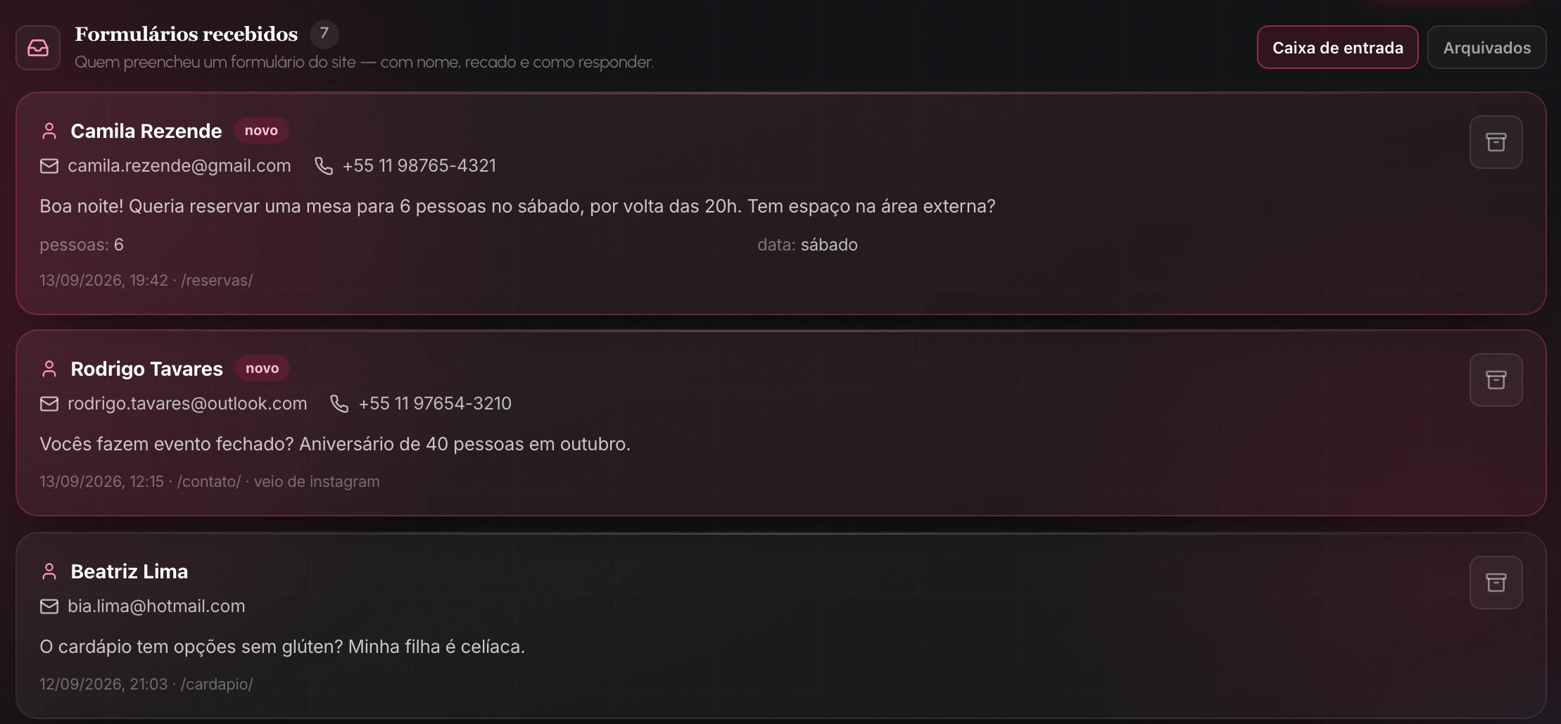 Os formulários chegam aqui